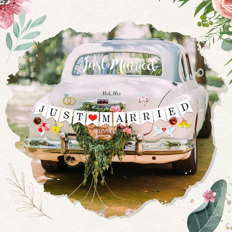 Konohan 16 Pcs Just Married Car Decorations Include 14 Assorted Ornate Car Magnets Just Married Window Decal and Cardstock Sign Banner Wedding Decorations for Bridal Shower Honeymoon Photo Props - Image 2